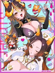  absurdres animal_ears artist_name bandaid black_gloves black_hair black_hat blonde_hair breasts bright_pupils brown_eyes chains chibi chimanakoneko cleavage commentary dog_ears dog_girl elbow_gloves female fiery_ears gloves gradient_hair hat heart heart-shaped_pupils highres holding holding_syringe horns indie_virtual_youtuber multicolored_hair nurse_cap one_eye_closed open_mouth orange_horns sinder_(vtuber) symbol-shaped_pupils syringe virtual_youtuber white_gloves white_hat white_pupils 