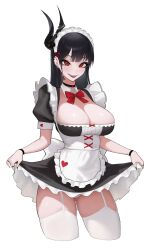  absurdres alternate_costume apron behemoth_(nikke) black_choker black_dress black_hair black_horns black_lips black_nails blunt_bangs bow bowtie breasts choker cleavage clothes_lift commentary cropped_legs detached_collar dress dress_lift ear_piercing enmaided female finger_tattoo frilled_dress frills garter_straps goddess_of_victory:_nikke heart highres horns large_breasts lifting_own_clothes long_hair looking_at_viewer maid maid_apron maid_headdress neck_tattoo open_mouth panties pantyshot piercing puffy_short_sleeves puffy_sleeves red_bow red_bowtie red_eyes sehyang sharp_teeth short_sleeves sidelocks simple_background skindentation smile solo standing tattoo teeth thighhighs tongue tongue_out underwear upper_teeth_only white_apron white_background white_panties white_thighhighs wristband 