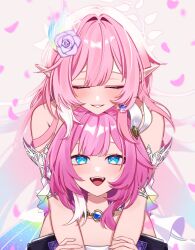  2girls bare_shoulders blue_eyes blush breasts coat cyrene_(aedes_elysiae)_(honkai:_star_rail) cyrene_(honkai:_star_rail) cyrene_(ripples_of_past_reverie)_(honkai:_star_rail) dual_persona earrings flower hair_flower hair_ornament hashtag-only_commentary highres honkai:_star_rail honkai_(series) hug jewelry long_hair looking_up multicolored_hair multiple_girls necklace open_mouth pink_hair pointy_ears purple_coat short_hair small_breasts smile teeth two-tone_hair upper_teeth_only very_long_hair white_hair yanase_rkgk 