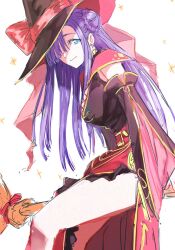  black_hat blue_eyes breasts broom broom_riding closed_mouth dress earrings female gridman_universe gridman_universe_(movie) hair_bun hair_over_one_eye hat highres holding jewelry large_hat long_hair looking_at_viewer official_alternate_costume princess_(dynazenon) risyo smile solo thighhighs witch witch_hat 