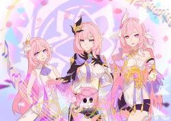  3girls absurdres bare_shoulders black_gloves black_shorts black_shrug blue_eyes breasts cake_cat_(honkai:_star_rail) chinese_commentary commentary_request corset diamond-shaped_pupils diamond_(shape) dress elf elysia_(herrscher_of_human:_ego)_(honkai_impact) elysia_(honkai_impact) elysia_(miss_pink_elf)_(honkai_impact) gloves hair_ornament highres honkai:_star_rail honkai_(series) honkai_impact_3rd ke_ke_ke_jiang large_breasts long_hair miyoushe_watermark multicolored_hair multiple_girls multiple_persona pink_hair pointy_ears purple_eyes short_shorts shorts shrug_(clothing) signet_of_ego small_breasts smile symbol-shaped_pupils thighs triquetra two-tone_hair very_long_hair watermark white_corset white_dress white_gloves white_hair 