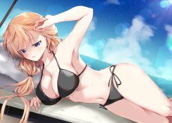  araragi_ayune armpits artist_name bikini black_bikini blonde_hair blue_eyes blue_sky breasts commentary_request female hand_on_own_head horizon isshiki-san_wa_koi_wo_shiritai. large_breasts long_hair looking_at_viewer lying navel ocean on_side parted_lips rinna_milford side-tie_bikini_bottom sky solo stomach swimsuit 