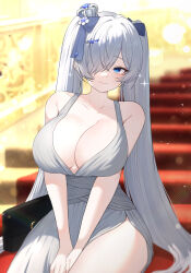  bare_arms bare_shoulders blue_eyes blurry blurry_background breasts cinderella_(nikke) cleavage closed_mouth collarbone dress female goddess_of_victory:_nikke grey_dress grey_hair hair_ornament hair_over_one_eye highres hyeroin large_breasts long_hair looking_at_viewer one_eye_covered plunging_neckline revision smile solo sparkle v_arms very_long_hair 