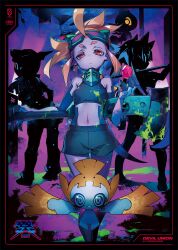  #424d99 2girls 3others artist_name axe breasts bunbun colored_skin commentary copyright_name crop_top crystal frown goggles goggles_on_head hashtag-only_commentary highres holding holding_axe holding_crystal midriff multiple_girls multiple_others navel orange_hair purple_skin red_eyes short_shorts shorts small_breasts 