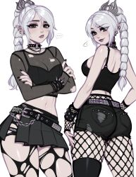  baldur&#039;s_gate baldur&#039;s_gate_3 black_tank_top blush blushyspicy braid breasts choker commentary contemporary crop_top cropped_shirt dungeons_&amp;_dragons elf english_commentary female goth_fashion green_eyes hair_ornament half-skirt highres large_breasts long_hair looking_at_viewer midriff multi-tied_hair multiple_views navel pointy_ears scar scar_on_face scar_on_nose shadowheart_(baldur&#039;s_gate) short_shorts shorts simple_background skirt smile tank_top white_hair 