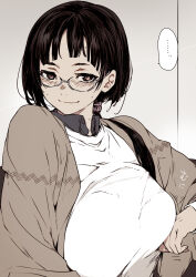  ... black_eyes black_hair blush breast_lift breasts brown_eyes bunbun commentary female glasses hair_over_shoulder hair_tie highres large_breasts naughty_face original ponytail sagging_breasts smile solo spoken_ellipsis sweat upper_body 