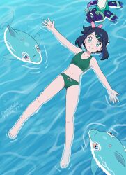  absurdres afloat barefoot bikini black_hair blue_eyes closed_mouth collarbone commentary day fankifalu female finizen green_bikini hair_ornament hair_ribbon hairclip highres liko_(pokemon) outdoors outstretched_arms pink_ribbon pokemon pokemon_(anime) pokemon_(creature) pokemon_horizons ribbon smile split_mouth swept_bangs swimsuit terapagos toes water 