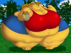 2025 4:3 4_fingers 4_toes absurd_res ambiguous_gender anthro arms_bent arthropod barefoot bear bee belly big_belly big_breasts bigwolf_(artist) black_nose black_stripes blue_bottomwear blue_clothing blue_shorts blue_sky blue_wings bottomwear breasts brown_hair chubby_cheeks cleavage clothed clothed_anthro clothed_female clothing cloud colored crop_top day digital_drawing_(artwork) digital_media_(artwork) disney dot_eyes double_chin english_description eyelashes fat_arms feet female female_anthro feral fingers food fully_clothed fully_clothed_anthro fully_clothed_female fur grass hair hi_res holding_pot honey_(food) honey_pot huge_breasts huge_thighs hymenopteran hyper hyper_thighs insect_wings insects larger_anthro larger_female light lighting long_hair mammal midriff morbidly_obese morbidly_obese_anthro morbidly_obese_female mtf_crossgender navel obese obese_anthro obese_female outside overweight overweight_anthro overweight_female plant pooh_bear red_clothing red_crop_top red_shirt red_topwear rule_63 shaded shirt shorts simple_eyes size_difference sky smaller_ambiguous smaller_feral solo striped_body stripes thick_thighs toes topwear tree wings winnie_the_pooh_(franchise) yellow_body yellow_fur 