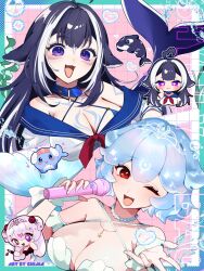 2girls animal_collar bao_the_whale black_hair blue_collar blue_hair blue_sailor_collar body_markings bow breasts bright_pupils cetacean_tail character_name chibi chimanakoneko cleavage collar commentary facial_mark fins fish_tail heart heart-shaped_pupils highres holding holding_microphone indie_virtual_youtuber jewelry microphone multicolored_hair multiple_girls necklace oerba_yun_fang open_mouth orca orca_girl pearl_necklace purple_bow purple_eyes red_eyes sailor_collar shylily smile streaked_hair symbol-shaped_pupils tail virtual_youtuber whale white_hair white_pupils 