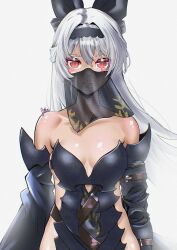  absurdres armor artist_name bare_shoulders black_bow black_headband black_sleeves bow breasts collarbone detached_sleeves female fukou girls&#039;_frontline grey_hair hairbow headband highres long_hair looking_at_viewer mouth_veil official_alternate_costume parted_lips red_eyes see-through_clothes see-through_veil small_breasts solo tokarev_(girls&#039;_frontline) tokarev_(griffin&#039;s_dancer)_(girls&#039;_frontline) upper_body veil 