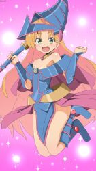 bambi2000line blonde_hair blush boots breasts cosplay dark_magician_girl dark_magician_girl_(cosplay) female green_eyes highres holding holding_staff jumping long_hair looking_at_viewer open_mouth pink_background ruri_no_houseki small_breasts smile solo staff tanigawa_ruri yu-gi-oh! 