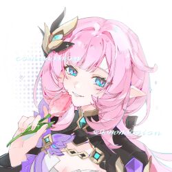  artist_request black_shrug blue_eyes breasts chinese_commentary cleavage commentary_request commission corset elf elysia_(honkai_impact) elysia_(miss_pink_elf)_(honkai_impact) female flower hair_ornament highres holding holding_flower honkai_(series) honkai_impact_3rd large_breasts long_hair looking_at_viewer pink_flower pink_hair pink_tulip pointy_ears second-party_source shrug_(clothing) smile solo tulip white_background white_corset 