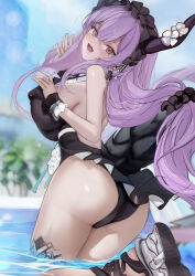 462vvv absurdres arknights ass black_hairband black_horns black_one-piece_swimsuit black_tail blurry blurry_background breasts commentary fake_horns female flower frilled_hairband frilled_one-piece_swimsuit frilled_wristband frills from_behind hairband highres horn_flower horn_hairband horns huge_breasts long_tail looking_at_viewer looking_back official_alternate_costume one-piece_swimsuit partially_submerged pink_eyes purple_hair revision sideboob smile solo swimsuit tail typhon_(arknights) typhon_(temperature_difference)_(arknights) wading wristband 
