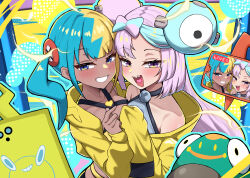  2girls absurdres bellibolt blonde_hair blue_eyes blue_hair blush canari_(pokemon) clenched_teeth dark-skinned_female dark_skin finger_heart hashira_14 heart heart_in_mouth highres iono_(pokemon) jacket livestream long_sleeves magnemite multicolored_hair multiple_girls open_mouth pink_hair pokemon purple_eyes rotom rotom_phone sharp_teeth teeth two-tone_hair yellow_jacket 