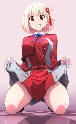  belt blonde_hair blue_ribbon breasts checkered_floor clenched_teeth clothes_lift commentary dated dress dress_lift female grey_dress grin hair_ribbon hashtag-only_commentary highres kneeling lifting_own_clothes long_sleeves looking_at_viewer lycoris_recoil lycoris_uniform medium_breasts neck_ribbon nii_manabu nishikigi_chisato pink_background red_belt red_dress red_eyes red_ribbon reflection revision ribbon short_hair signature smile solo teeth thighs two-tone_dress 