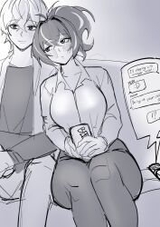  1boy beer_can black_pants black_shirt blush breasts can cellphone closed_mouth collarbone couch crossed_bangs drink_can female grey_pants greyscale hair_between_eyes head_on_another&#039;s_shoulder highres holding holding_can indoors large_breasts looking_at_another monochrome on_couch pants phone ponytail shirt short_hair smile straight text_messaging white_shirt wise_(zenless_zone_zero) yuushiba zenless_zone_zero zhu_yuan 