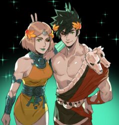  ancient_greek_clothes asymmetrical_arms black_sclera blonde_hair bone brother_and_sister colored_sclera dress female glowing_arm greco-roman_clothes green_eyes green_lips hades_(series) hades_1 hades_2 heterochromia highres laurel_crown melinoe_(hades) mismatched_sclera orange_dress red_eyes see-through_body short_hair siblings skeletal_arm smile tirtyturtle zagreus_(hades) 