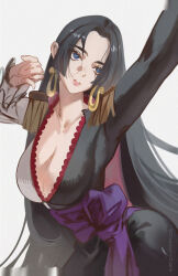  absurdres arm_up blue_eyes boa_hancock breasts charmiisan cleavage earrings epaulettes female highres jewelry large_breasts long_hair one_piece parted_lips snake_earrings solo very_long_hair 