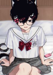  1boy absurdres amamiya_ren animal_ears baozhusuhaizhendeyao black-framed_eyewear black_hair blush bow breast_pocket cat_ears chinese_commentary collar commentary_request crossdressing crossdressing_(mtf) embarrassed film_grain glasses hair_between_eyes hair_ornament hairclip highres kemonomimi_mode knees_together_feet_apart looking_at_viewer male_focus morgana_(persona_5) on_bed open_mouth persona persona_5 pleated_skirt pocket red_bow sailor_collar sailor_shirt shirt short_hair sitting skirt solo tearing_up too_many_hair_ornaments upper_body wavy_hair white_shirt 