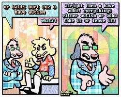  2_panel_comic annoyed anthro balding bird_dog canid canine canis clothing combover dialogue domestic_dog duo english_text eyewear flip_flops floppy_ears footwear fur glasses golden_retriever half-closed_eyes humor hunting_dog male mammal narrowed_eyes necktie nude rawdawgcomics retriever sandals shoes socks speech_bubble stahli_(rawdawgcomics) tan_body tan_fur text 