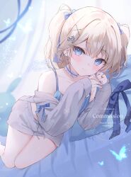  absurdres animal bare_shoulders blue_bow blue_choker blue_eyes blush bow brown_hair bug butterfly choker closed_mouth collarbone commentary_request commission copyright_request dutch_angle female grey_jacket grey_shorts hair_between_eyes hair_ornament hairbow hairclip highres jacket long_hair long_sleeves looking_at_viewer lying off_shoulder on_side open_clothes open_jacket pillow puffy_long_sleeves puffy_sleeves rucaco shorts signature skeb_commission sleeves_past_wrists smile solo twintails virtual_youtuber watermark x_hair_ornament 