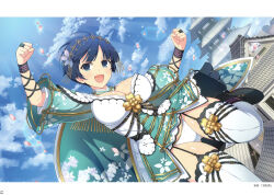  :d absurdres architecture arms_up black_garter_straps blue_eyes blue_hair bowl_cut breasts castle cleavage clenched_hands day dress east_asian_architecture falling_petals female floral_print floral_print_kimono flower garter_straps green_dress green_kimono hair_flower hair_ornament highres japanese_clothes kimono kimono_dress large_breasts leg_up looking_at_viewer magazine_scan non-web_source official_alternate_costume official_alternate_hairstyle official_art open_mouth panties petals print_kimono scan senran_kagura senran_kagura_new_link smile solo thighhighs underwear white_panties white_thighhighs yozakura_(senran_kagura) 