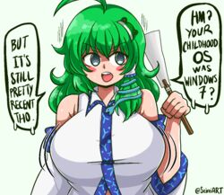  1girls ahoge alternate_version_available aqua_eyes big_breasts boomer_sanae breasts english_text eye-level_view green_hair light-skinned_female long_hair meme miko motion_lines open_mouth pink_cheeks sanae_kochiya seireiart shrine_maiden solo solo_female talking text text_bubble touhou watermark white_background 