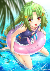  :3 :d blue_one-piece_swimsuit crescent crescent_hair_ornament female flower_knight_girl full_body green_hair hair_ornament hairclip highres innertube kneeling long_hair looking_at_viewer negimaki_(negimaki256) one-piece_swimsuit open_mouth partially_submerged ponytail red_eyes sankaku_saboten_(flower_knight_girl) signature smile solo swim_ring swimsuit water 