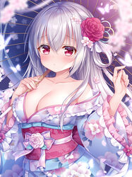  :o albino bare_shoulders blue_kimono blue_umbrella blurry blurry_foreground blush breasts cleavage closed_mouth collarbone commentary_request depth_of_field female floral_print flower frilled_kimono frilled_sleeves frills grey_hair hair_between_eyes hair_flower hair_ornament hair_rings holding holding_umbrella japanese_clothes kimono kyuketsuki-chan_(mitsuba_choco) long_hair long_sleeves looking_at_viewer medium_breasts mitsuba_choco obi off_shoulder oil-paper_umbrella original petals pink_flower pink_rose print_kimono red_eyes red_flower red_rose rose sash solo umbrella upper_body very_long_hair wide_sleeves 