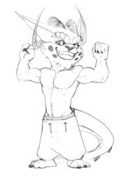  2018 2_horns 3_toes 4_fingers anthro athletic athletic_anthro athletic_male barefoot biceps big_ears big_eyes big_head big_horn big_muscles big_pecs bottomwear bottomwear_down briefs bristol cheek_tuft chin_tuft claws clothed clothed_anthro clothed_male clothing deltoids dragon ear_tuft eyebrows facial_scales facial_tuft fan_character feet fingers flexing flexing_bicep flexing_both_biceps flexing_pec front_view full-length_portrait greyscale happy head_horn head_tuft horn humanoid_hands hybrid ikes_(bristol) league_of_legends long_ears looking_aside looking_away male male_anthro mammal monochrome muscular mythological_creature mythological_scalie mythology navel open_mouth open_smile pants pants_down partially_clothed pecs plantigrade portrait pubes raised_hand rib_cage riot_games scale_eyebrows scales scalie short_anthro short_male simple_background skimpy smile solo spiked_tail spikes spikes_(anatomy) standing tail tencent toes topless topless_anthro topless_male triceps tuft underwear white_background yordle 