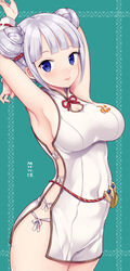  armpits arms_up blue_eyes blush braid braided_bun breasts china_dress chinese_clothes cleavage closed_mouth commentary_request covered_navel double_bun dress female green_background hair_bun highres large_breasts lips looking_at_viewer miyano_ururu monster_hunter:_world monster_hunter_(character) monster_hunter_(series) sideboob simple_background smile solo standing thermae_(armor) upper_body white_dress white_hair 