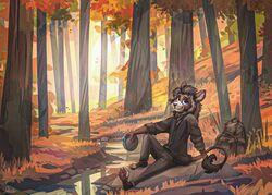  2021 4_toes anthro autumn backpack barefoot bent_leg black_bottomwear black_clothing black_pants black_sweater black_topwear blue_sclera bottomwear brown_body brown_fur brown_nose canteen claws clothed clothing creek day detailed_background digital_media_(artwork) eyebrows feet felid flask forest fully_clothed fur hand_on_ground hi_res holding_canteen holding_object ikenna jacato leaf lion looking_at_viewer male mammal mane multicolored_body multicolored_fur musical_instrument on_ground outside pantherine pants pawpads percussion_instrument pink_pawpads plant plantigrade reflection round_ears signature sitting smile smiling_at_viewer soles solo sweater tail tail_tuft tan_body tan_fur tan_inner_ear toe_claws toeless_(marking) toes topwear tree tuft two_tone_body two_tone_fur v-neck water whisker_spots 