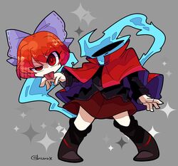  :p black_footwear black_shirt boots bow cape disembodied_head female full_body grey_background harunori_(hrnrx) high_collar highres long_sleeves looking_at_viewer purple_bow red_cape red_eyes red_hair red_skirt sekibanki shirt short_hair skirt solo sparkle tongue tongue_out touhou twitter_username 