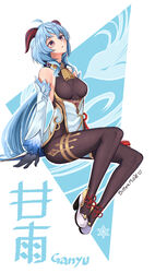  absurdres ahoge arm_support artist_name bell black_gloves blue_hair breasts brown_eyes character_name detached_sleeves female ganyu_(genshin_impact) genshin_impact gloves highres horns looking_up medium_hair multicolored_footwear neck_bell parted_lips sideboob sitting skin_tight small_breasts solo sweet_reverie translated white_footwear 