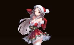  armpits arms_up bare_shoulders black_background breasts christmas cleavage elbow_gloves female forehead fur_trim gloves grey_hair hat highres king&#039;s_raid large_breasts lewisia_(king&#039;s_raid) long_hair looking_at_viewer official_art santa_costume santa_gloves santa_hat smile thighhighs very_long_hair yellow_eyes 