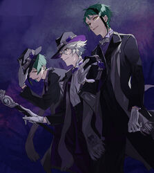  3boys azul_ashengrotto black_hair black_jacket blue_eyes brothers collared_shirt commentary earrings floyd_leech glasses gloves green_hair heterochromia jacket jade_leech jewelry looking_at_viewer male_focus mole mole_under_mouth multicolored_hair multiple_boys open_mouth sakamoto_bin sharp_teeth shirt siblings simple_background smile staff streaked_hair teeth twisted_wonderland white_hair white_shirt yellow_eyes 