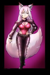  2021 absurd_res animal_humanoid canid canid_humanoid canine canine_humanoid clothing female fluffy fluffy_tail fox_humanoid hair hi_res humanoid long_hair mammal mammal_humanoid nns pink_hair purple_background red_eyes simple_background solo tail 