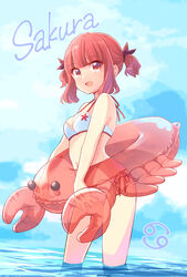  :d bare_arms bare_shoulders bikini blue_sky blunt_bangs breasts cancer_(symbol) cancer_(zodiac) cloud commentary_request day female innertube koisuru_asteroid looking_at_viewer medium_breasts open_mouth outdoors quro_(black_river) red_eyes red_hair sakurai_mikage short_hair side-tie_bikini_bottom sky smile solo swim_ring swimsuit two_side_up wading water white_bikini zodiac 