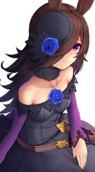  animal_ears bare_shoulders black_dress black_hat blue_flower blue_rose breasts brown_hair collarbone commentary_request dress female flower hair_over_one_eye hat hat_flower highres horse_ears horse_girl long_hair long_sleeves looking_at_viewer off-shoulder_dress off_shoulder purple_eyes rice_shower_(umamusume) rose simple_background sitting sleeves_past_wrists small_breasts smile solo tatapopo tilted_headwear umamusume very_long_hair white_background 