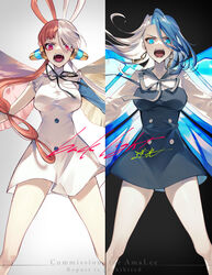  2girls angry blue_eyes blue_hair breasts commission dress earrings floating_hair glint hair_rings headphones highres indie_virtual_youtuber jewelry large_breasts legs_apart long_hair looking_at_viewer medium_breasts monarch_(amalee) multicolored_hair multiple_girls neck_ribbon one_piece one_piece_film:_red open_mouth purple_eyes red_hair ribbon short_dress song_name split split-color_hair standing straight-on teeth thighs trait_connection twintails two-tone_background two-tone_hair uta_(one_piece) v-shaped_eyebrows virtual_youtuber voice_actor_connection watermark white_hair wings yu_pa_u 