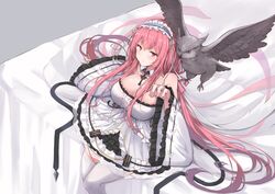  absurdres arm_up azur_lane bare_shoulders bird blush breasts cleavage detached_collar detached_sleeves dress female frilled_dress frills hakuya_(white_night) headdress highres jewelry key key_necklace large_breasts long_hair necklace owl perseus_(azur_lane) pink_eyes pink_hair ribbon sitting thighhighs twintails very_long_hair white_headwear 