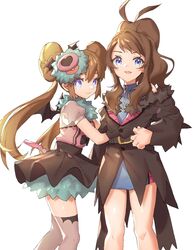  2girls ankea_(a-ramo-do) arm_hug blue_eyes brown_hair brown_thighhighs closed_mouth cosplay double_bun eyelashes hair_bun high_ponytail highres hilda_(pokemon) hydreigon hydreigon_(cosplay) long_hair looking_at_viewer looking_to_the_side multiple_girls pokemon pokemon_bw pokemon_bw2 rosa_(pokemon) shiny_skin sidelocks smile thighhighs turtleneck twintails very_long_hair white_background wings woobat woobat_(cosplay) 