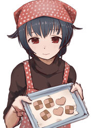  alternate_costume apron bandana black_hair brown_sweater checkerboard_cookie commentary cookie female food hair_flaps hair_ornament hairclip heart highres jingei_(kancolle) kantai_collection long_hair looking_at_viewer low_ponytail pink_apron pink_bandana polka_dot polka_dot_apron polka_dot_bandana red_eyes sakieko simple_background solo sweater upper_body white_background 