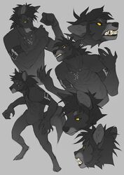  2019 5_fingers anthro black_hair black_lips black_nose canid canine canis digital_media_(artwork) fingers hair lips male mammal nude okithau smile solo teeth wolf yellow_eyes 