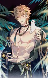  1boy abs bags_under_eyes belt black_choker black_gloves blonde_hair choker elbow_gloves ermine feathers fingerless_gloves gem gloves headband highres korean_commentary looking_at_viewer male_focus navel nipples nu_carnival off_shoulder orange_eyes palm_leaf parted_lips pectorals quincy_(nu_carnival) short_hair solo standing topper_(nu_carnival) undressing weasel yoture23 