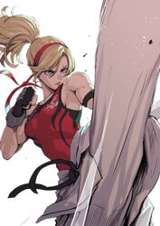  absurdres belt black_belt blonde_hair blue_eyes breasts clenched_hand commentary_request dougi female fingerless_gloves galbi_(iouytuuyio) gloves headband high_kick highres karate kicking lidia_sobieska martial_arts_belt motion_blur motion_lines pants ponytail red_headband red_shirt scar scar_across_eye scar_on_face shirt small_breasts solo tank_top tekken tekken_7 white_background white_pants 