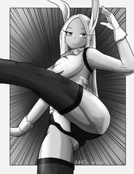  2021 action_pose animal_humanoid ass bent_arm clothing extended_arm female focus_lines gloves greyscale handwear hi_res humanoid lagomorph lagomorph_humanoid leotard leporid_humanoid looking_at_viewer low-angle_view mammal mammal_humanoid monochrome my_hero_academia nns not_furry pose rabbit_humanoid radial_speed_lines rumi_usagiyama signature solo speed_lines 