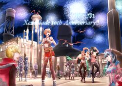  6+boys 6+girls aerial_fireworks anna_(xenoblade_1) arm_around_shoulder armu_(xenoblade) berryjammy_(xenoblade) black_hair blonde_hair blush building cityscape dunban_(xenoblade) everyone ewan_(xenoblade) fireworks from_below full_body gowago_(xenoblade) grey_hair hat highres juju_(xenoblade) kiroki_(xenoblade) lamppost lantern linada_(xenoblade) ma&#039;crish_(xenoblade) matryona_(xenoblade) melia_antiqua mercury_xeno miniskirt multiple_boys multiple_girls nene_(xenoblade) night nikita_(xenoblade) nopo&#039;rikh_(xenoblade) nopon norara_(xenoblade) otharon_(xenoblade) outdoors pama_(xenoblade) pterix_(xenoblade) red_hair reyn_(xenoblade) riki_(xenoblade) rosemary_(xenoblade) sharla_(xenoblade) shilx_(xenoblade) short_hair shulk_(xenoblade) skirt thighhighs tree vanea_(xenoblade) watchtower xenoblade_chronicles_(series) xenoblade_chronicles_1 yura_(xenoblade) 