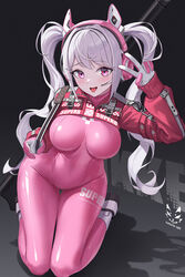  alice_(nikke) animal_ear_headphones animal_ears arm_up bodysuit breasts commentary cropped_jacket fake_animal_ears female gloves goddess_of_victory:_nikke gun headphones headset highres holding holding_gun holding_weapon jacket kneeling large_breasts latex latex_bodysuit long_hair long_sleeves looking_at_viewer multicolored_clothes multicolored_gloves pink_bodysuit pink_eyes pink_gloves pink_headphones red_jacket shadow_cat_(yingmiao) sidelocks skin_tight sleeves_past_wrists solo thighs tongue tongue_out twintails v weapon white_hair 