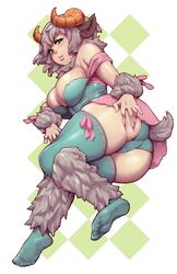  alternate_color animal_ears ass bad_id bad_twitter_id blush bow breasts brown_hair commentary commission dress english_commentary female fur_collar fur_trim green_eyes hand_on_own_ass highres horns large_breasts lips looking_at_viewer monster_girl monster_girl_encyclopedia niandni parted_lips ribbon sheep_ears sheep_horns sheep_tail short_hair short_tail simple_background solo tail thighhighs thighs weresheep white_background 